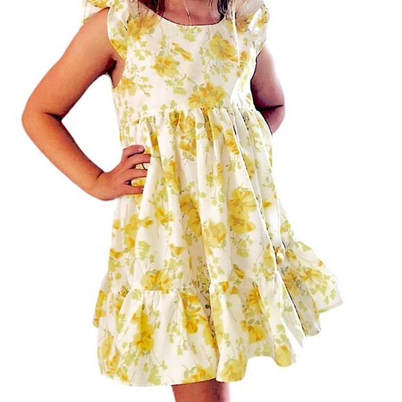 Girls Vintage Morgan Jones Fabric Casual Yellow Floral Ruffle Dress Size 4T - Picture 3 of 11